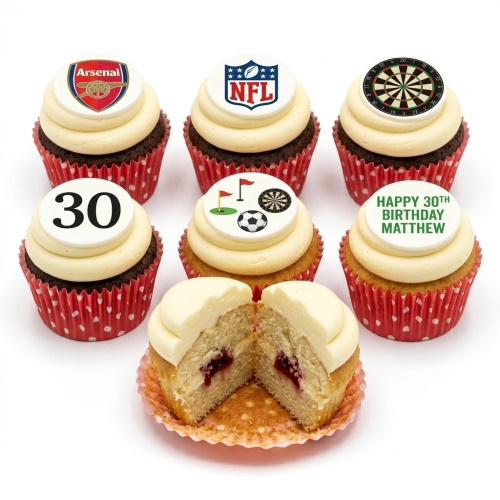 Sports themed cupcakes with football, NFL, darts, golf, and custom age toppers