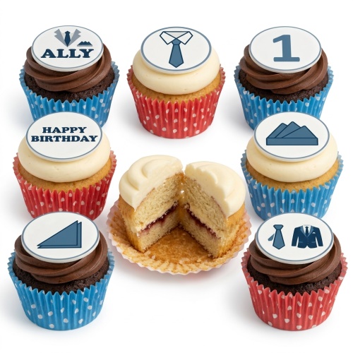 Assortment of suit and tie themed birthday cupcakes with custom age and message toppers.