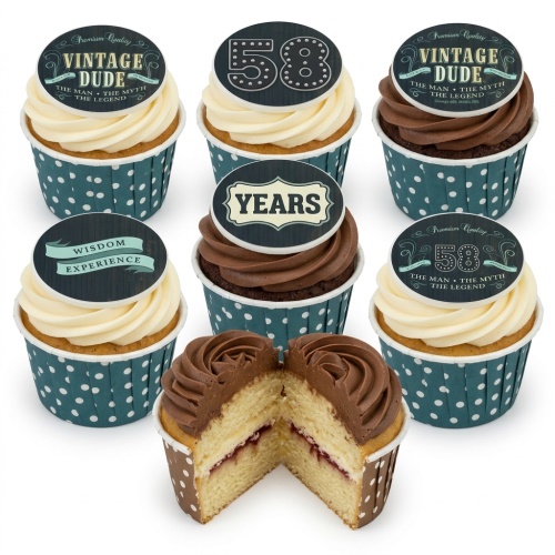 Vintage themed birthday cupcakes with "Vintage Dude" and custom age toppers