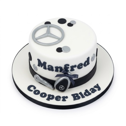 White round cake with silver Mercedes-Benz logo, black and silver dots, and edible car keys with a black ribbon.