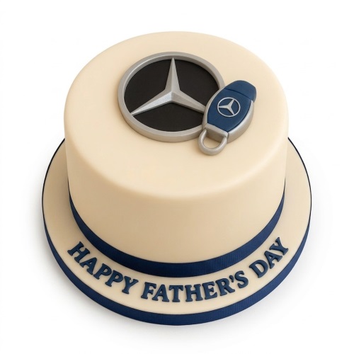 Round cream Father's Day cake with Mercedes logo and car key.