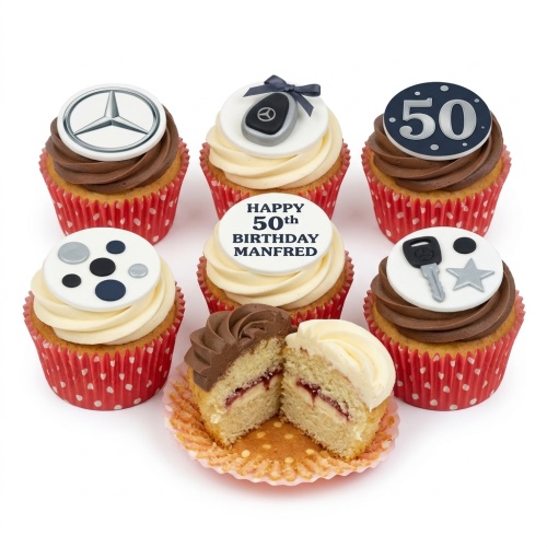 Mercedes-Benz themed birthday cupcakes with car logo, car key, wheel, and custom age toppers on vanilla and chocolate frosting.