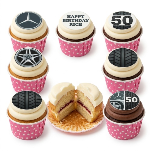 Mercedes-Benz logo, wheel, and tire tread cupcakes with custom age and name toppers in pink polka dot cases.
