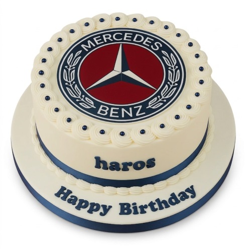 Round single-tier Mercedes-Benz logo birthday cake with cream icing, blue ribbon, and personalised message.