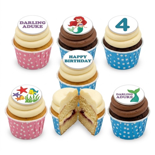 Ariel The Little Mermaid themed cupcakes with mermaid tail, starfish, fish, and custom age topper.