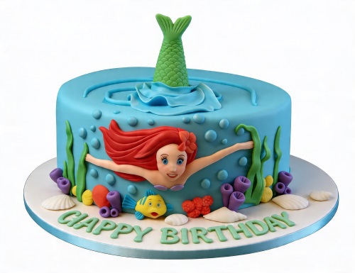 Round blue Ariel Mermaid birthday cake with red-haired mermaid, fish, seaweed, shells, and "Happy Birthday" message.
