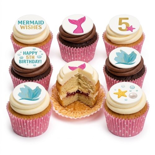 Assortment of mermaid-themed birthday cupcakes with custom age topper, mermaid tails, starfish, and coral designs.
