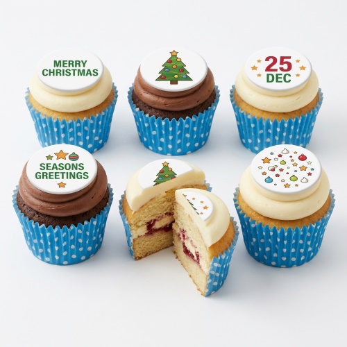 A selection of Christmas cupcakes with festive toppers including Christmas trees and greetings.