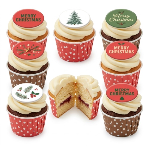 Assortment of Christmas cupcakes with 'Merry Christmas' messages, Christmas tree, and holly toppers.