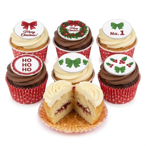 Christmas cupcakes with red and green bows, holly, a wreath, and 'Merry Christmas!' toppers.