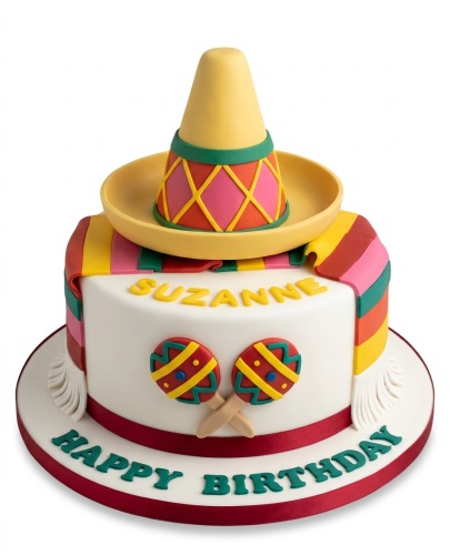 White round cake with yellow sombrero, colourful serape, and maraca decorations. Features a custom name and a birthday message.