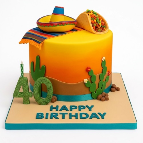 Mexican themed birthday cake with sombrero, taco, cacti, and custom age topper on a beige board with 'Happy Birthday' message.