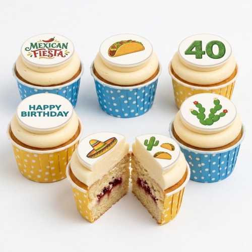 Mexican themed cupcakes with 'Mexican Fiesta', taco, sombrero, cactus, 'Happy Birthday', and number 40 toppers.