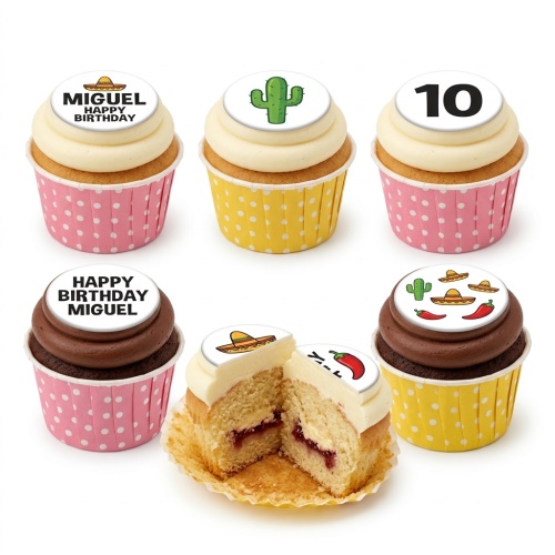 Mexican fiesta themed cupcakes with sombrero, cactus, chili pepper, and custom age/name toppers.