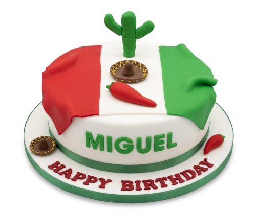 Round white birthday cake with Mexican flag, cactus, sombreros, and chili peppers.