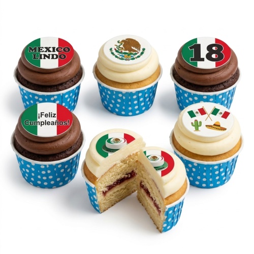 Mexican themed cupcakes with flag, eagle, cactus, sombrero toppers and custom age number on chocolate and vanilla frosting.