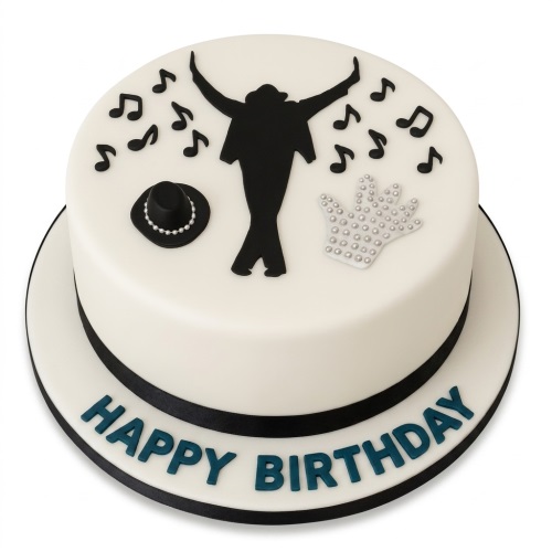 White round birthday cake with black Michael Jackson silhouette, fedora, sequined glove, and music notes.