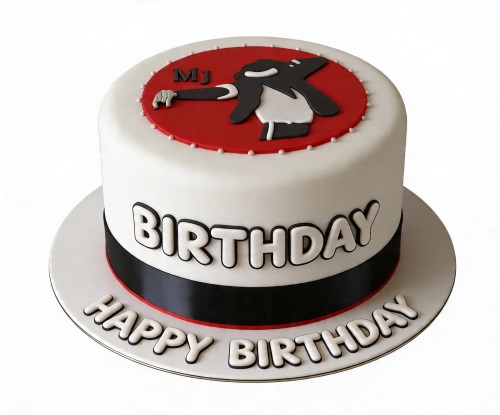 White round birthday cake with a black Michael Jackson silhouette on a red circle top, and 'BIRTHDAY' written on the side.
