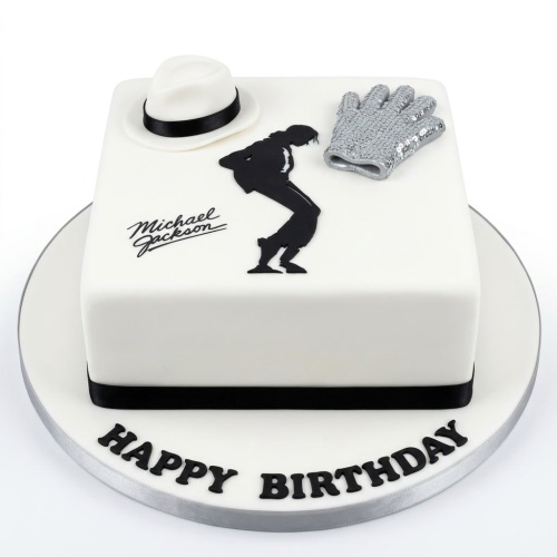 White square Michael Jackson themed birthday cake with black silhouette, fedora, and silver glove.