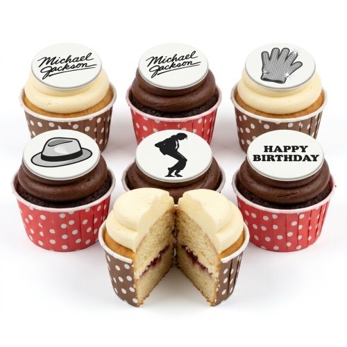 Michael Jackson themed birthday cupcakes with signature, fedora, glove, and dance silhouette toppers.