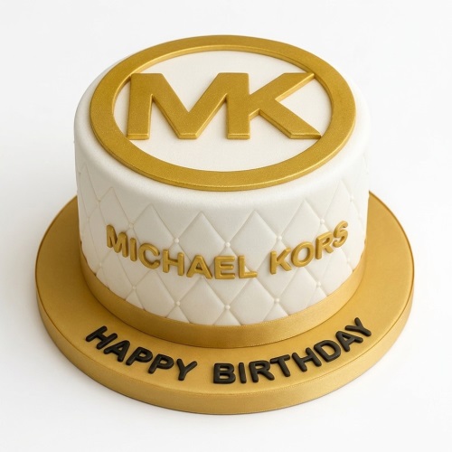 White and gold Michael Kors themed birthday cake with MK logo and quilted pattern.