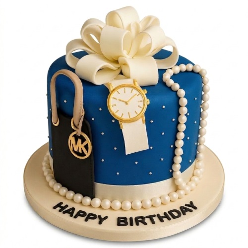 Round blue luxury birthday cake for her, decorated with a white bow, gold watch, black handbag charm, and pearls.