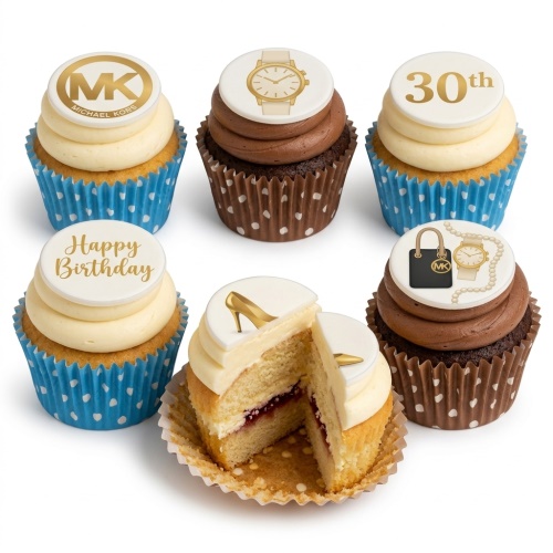 A set of designer fashion themed birthday cupcakes with gold accents, including a high heel, watch, handbag, and custom age topper.