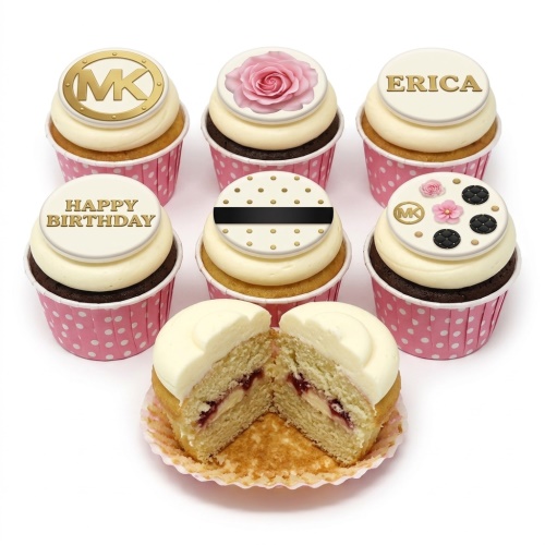 Cupcakes with white frosting, gold MK logo, pink rose, gold polka dots, and 'Happy Birthday' message.