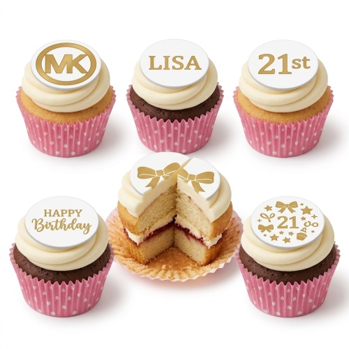 Vanilla and chocolate cupcakes with white frosting, pink wrappers, and gold designer-style toppers including bows, stars, and custom age.