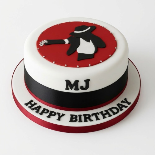 Round white cake with red and black Michael Jackson silhouette, 'MJ' and 'Happy Birthday' text.