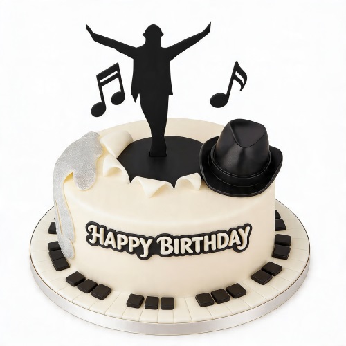 White round birthday cake with a black dancing performer silhouette, fedora hat, musical notes, and a piano keyboard base with 'Happy Birthday' message.