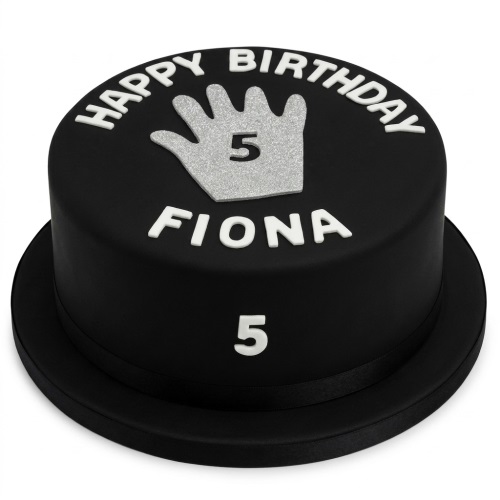 Black round birthday cake with silver glitter hand print and custom age, personalised name.