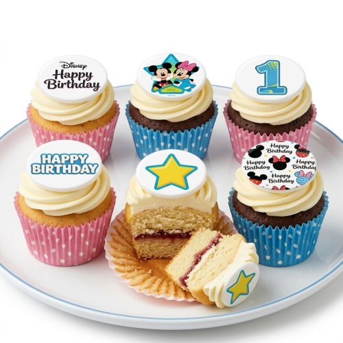 Mickey and Minnie Mouse themed birthday cupcakes with 'Happy Birthday', character, star, and custom age '1' toppers.