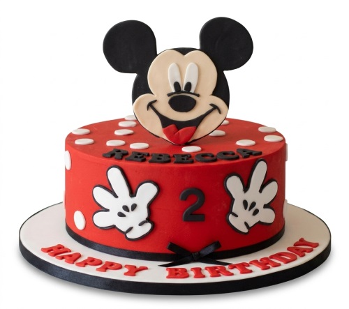 Red Mickey Mouse themed birthday cake with a custom name and age