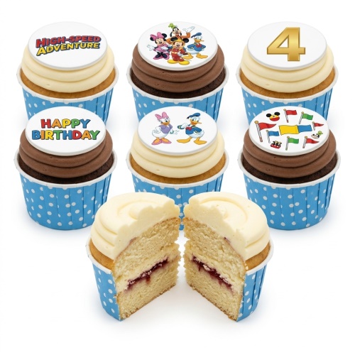 Mickey Mouse and Friends birthday cupcakes with various Disney character toppers and a custom age number.