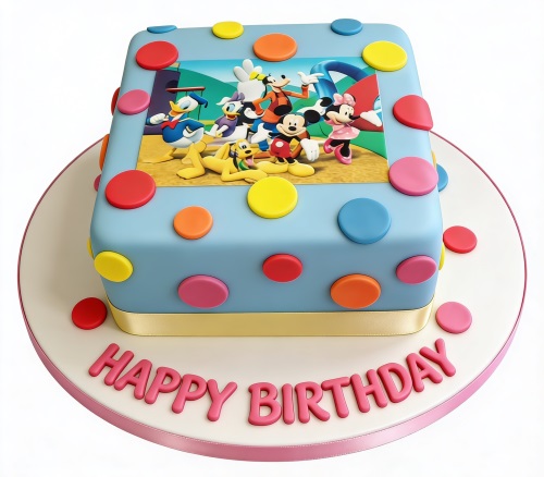 Square light blue birthday cake with Mickey Mouse and Friends edible image, colourful polka dots, and 'Happy Birthday' message.