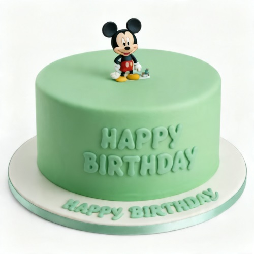Round pastel green Mickey Mouse birthday cake with 'Happy Birthday' text.
