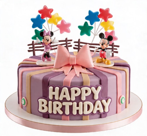 Round purple birthday cake with Mickey and Minnie Mouse figurines, colourful stars, and a pink bow.
