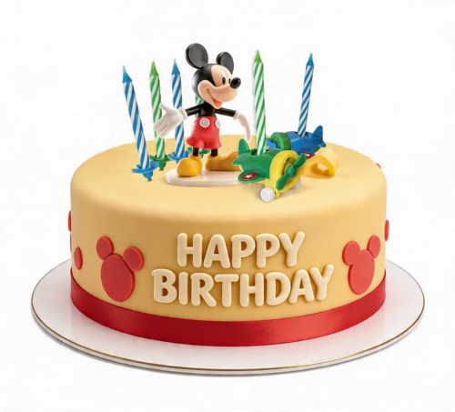 Round yellow birthday cake with Mickey Mouse figurine, airplanes, and "Happy Birthday" message.