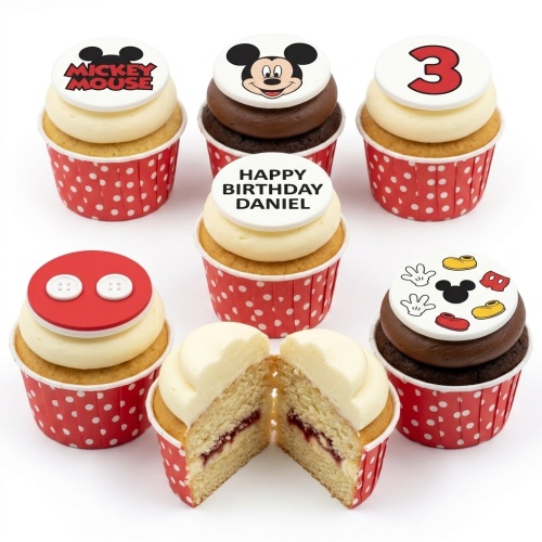 Mickey Mouse themed birthday cupcakes with custom age topper and personalised message.
