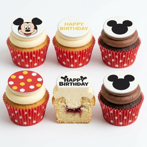 Mickey Mouse themed birthday cupcakes with classic Mickey faces, silhouettes, and "Happy Birthday" toppers.