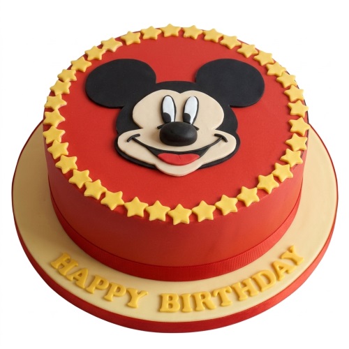 Round red Mickey Mouse birthday cake with a large character face, yellow stars, and a 'Happy Birthday' message.