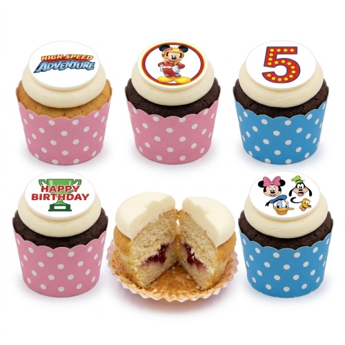 Assorted Disney character cupcakes with Mickey, Minnie, Donald, Goofy toppers, a custom age topper, and a "Happy Birthday" trophy topper.