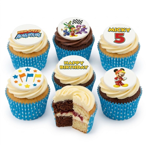 Mickey Mouse and friends racing themed birthday cupcakes with custom age and flags