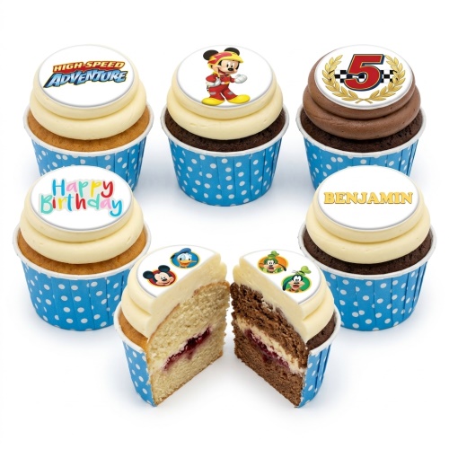 Mickey Mouse and friends racing theme birthday cupcakes with custom age topper and personalised name.