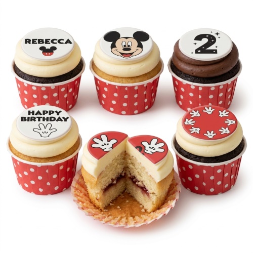 Mickey Mouse themed birthday cupcakes with various toppers, including Mickey's face, hands, custom age, and 'Happy Birthday' message.