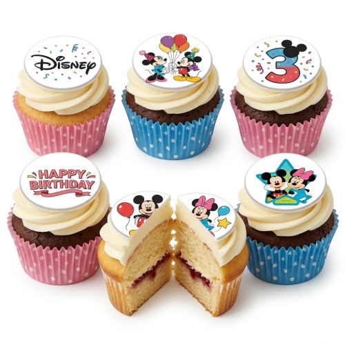 Disney Mickey and Minnie Mouse birthday cupcakes with custom age topper and Happy Birthday message.