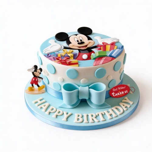 Round white and blue Mickey Mouse birthday cake with presents and polka dots.