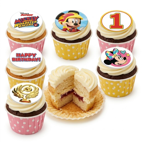 Mickey and Minnie Mouse themed cupcakes with 'Happy Birthday' and '1' toppers, in pink and yellow polka dot cases.