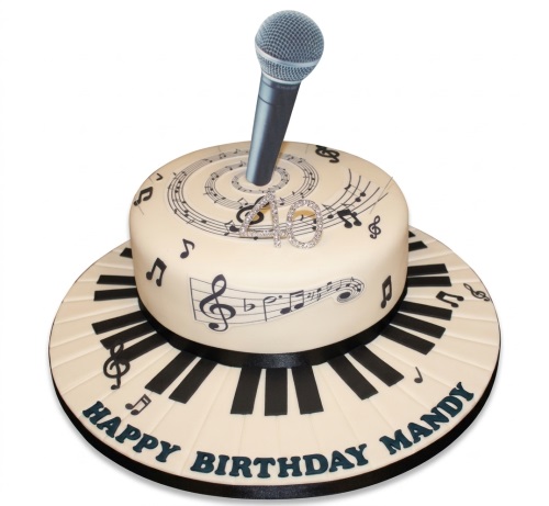 Two-tier musical birthday cake with microphone topper, musical notes, and piano keyboard base.